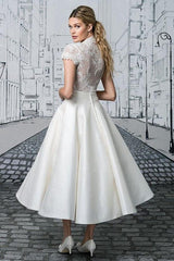 Short Wedding Dresses V-Neck Lace Tea-Length Ivory Modest Bridal Gown TN351