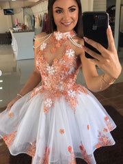 Short White Orange Lace Floral Prom Dresses, Short Orange Lace Formal Homecoming Dresses