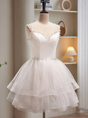 Short White Tulle Prom Dresses, Short White Tulle Homecoming Graduation Dresses