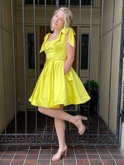 Short Yellow Satin Prom Dresses, Short Yellow Satin Formal Homecoming Dresses