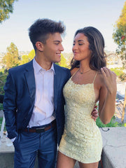Short Yellow Backless Lace Prom Dresses, Short Backless Lace Formal Homecoming Graduation Dresses