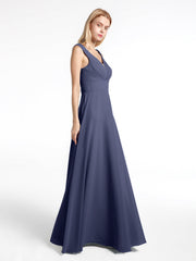 Notch Neck Chiffon Simple Full Length Dress-Stormy