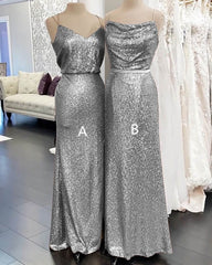 Long Silver Sequin Bridesmaid Dress Spaghetti Strap