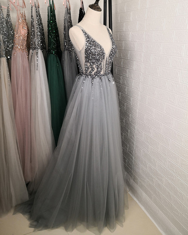 Tulle Split Dresses Crystal Beaded V Neck