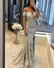 Off The Shoulder Lace Mermaid Prom Dresses With Slit