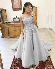 Tulle Appliques A Line Prom Dresses Open Back