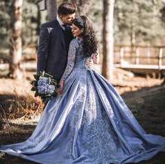 Silver Wedding Dresses Ball Gowns Lace Long Sleeves