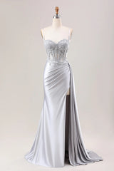Silver Pleated Mermaid Sheer Long Corset Satin Prom Dress With Slit