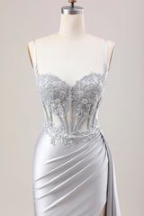 Silver Pleated Mermaid Sheer Long Corset Satin Prom Dress With Slit