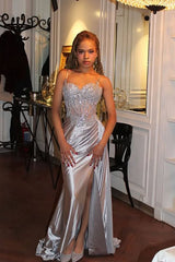 Silver Pleated Mermaid Sheer Long Corset Satin Prom Dress With Slit