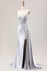Silver Pleated Mermaid Sheer Long Corset Satin Prom Dress With Slit