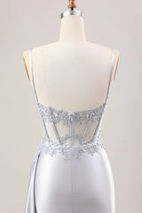 Silver Pleated Mermaid Sheer Long Corset Satin Prom Dress With Slit
