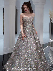 Silver Sequin Beading Strap Sparkly A-line Prom Dresses, CP0967