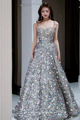 Silver Sequin Beading Strap Sparkly A-line Prom Dresses, CP0967