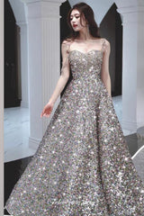 Silver Sequin Beading Strap Sparkly A-line Prom Dresses, CP0967
