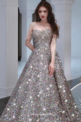 Silver Sequin Beading Strap Sparkly A-line Prom Dresses, CP0967