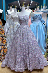 Silver Sequin Beading Strap Sparkly A-line Prom Dresses, CP0967