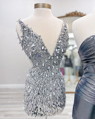 Silver V-neck Mini Party Dress Dance Homecoming Dress, AST1386