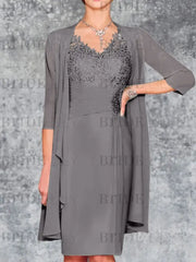 Two Piece Ruffle Chiffon Mother of the Bride Outfit Lace Short Wedding Guest Dress