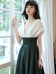 A-line Satin Black and Green Long Party Dress, V-neckline Long Prom Dress Formal Dress