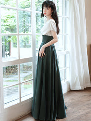 A-line Satin Black and Green Long Party Dress, V-neckline Long Prom Dress Formal Dress