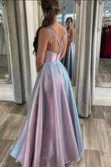Aimishang Sexy Evening Dresses A Line V Neck Satin Open Back Long Prom Dresses
