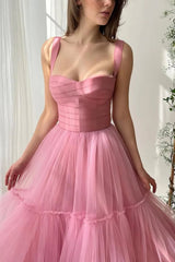 Simple A Line Spaghetti Straps Pink Tulle Long Prom Dress, Long Pink Formal Graduation Evening Dress