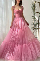 Simple A Line Spaghetti Straps Pink Tulle Long Prom Dress, Long Pink Formal Graduation Evening Dress