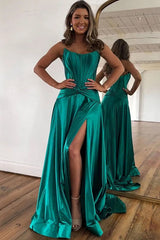 Simple A Line Strapless Green Corset Prom Dress with Split TP1275