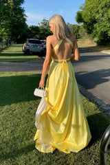 Simple A Line V Neck Backless Yellow Satin Long Prom Dress with High Slit, V Neck Yellow Formal Dress, Yellow Evening Dress A2381