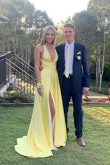 Simple A Line V Neck Backless Yellow Satin Long Prom Dress with High Slit, V Neck Yellow Formal Dress, Yellow Evening Dress A2381