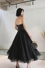Simple Black Tea Length Prom Dress Black Tulle Homecoming Dress HD0132