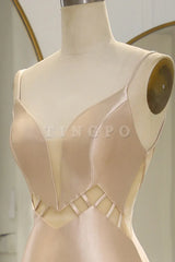 Wholesale Simple Champagne Spaghetti Straps Long Mermaid Satin Prom Dress prom dress in store