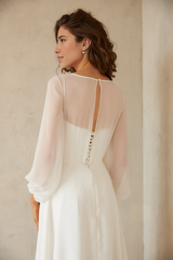 Simple Chiffon Wedding Dress Long Sleeve A-line Wedding Dress Minimalist Boat Neckline Wedding Dress Floor Length