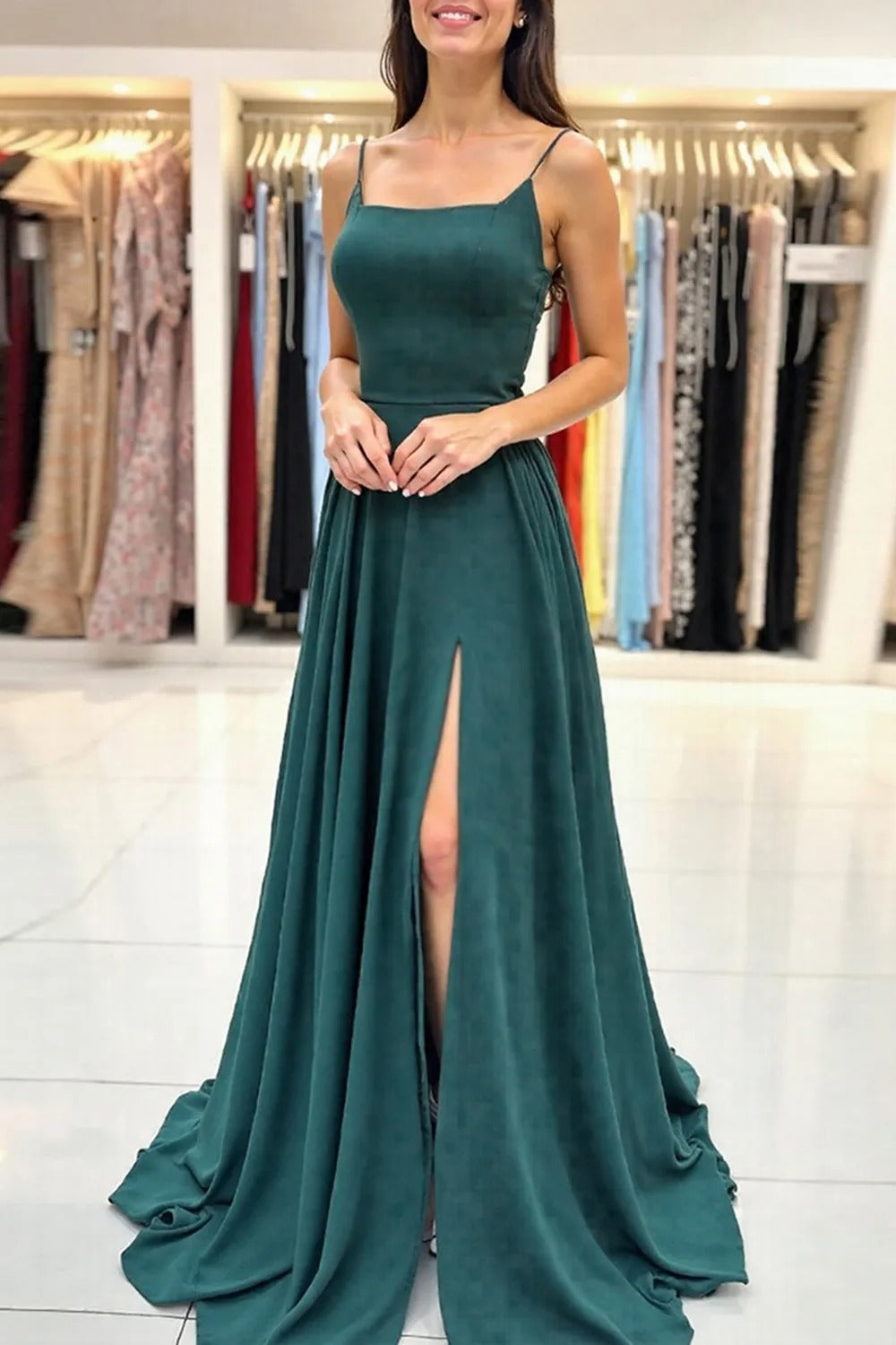 Simple Dark Green A Line Spaghetti Straps Long Prom Dress with Slit