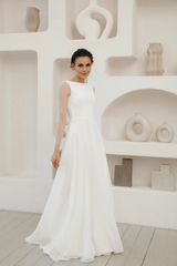 Simple Elegant Bride Dres Round Neck Lace Long Sleeves A-line Floor Length Wedding Dress