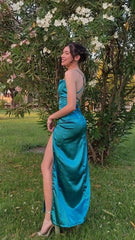 Simple Emerald Prom Dresses Green Classic Long Wedding Guest Dress Hight Split