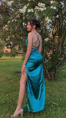 Simple Emerald Prom Dresses Green Classic Long Wedding Guest Dress Hight Split