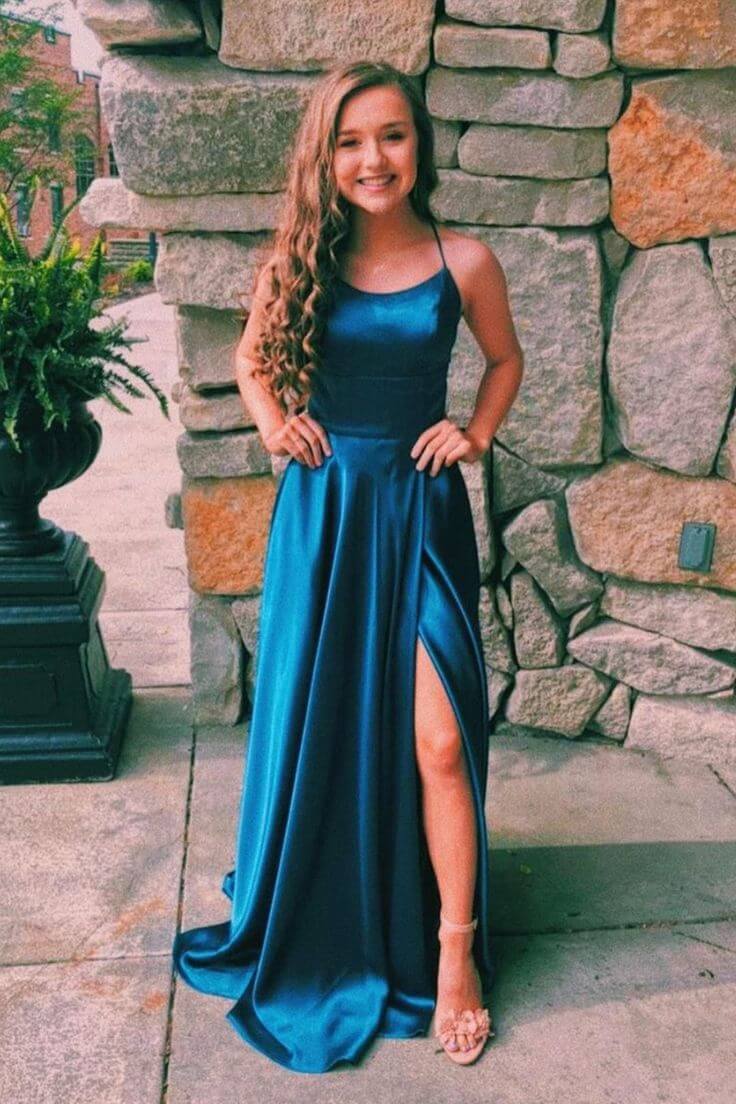 Simple Emerald Prom Dresses Green Satin Formal Dress Long with split