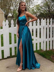 Simple Emerald Prom Dresses Green Satin Formal Dress Long with split