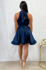 Simple Halter Neck Blue Satin Prom Dress, Short Blue Homecoming Dress, Blue Formal Graduation Evening Dress A2161