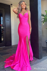Simple Hot Pink Prom Dresses Satin Mermaid Corset Formal Gown with slit