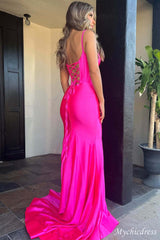 Simple Hot Pink Prom Dresses Satin Mermaid Corset Formal Gown with slit