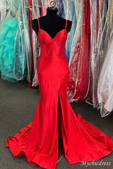 Simple Hot Pink Prom Dresses Satin Mermaid Corset Formal Gown with slit