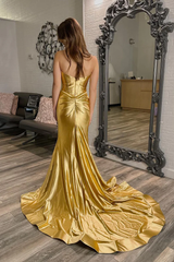Simple Long Mermaid Gold Prom Dresses Satin Sweetheart Slit