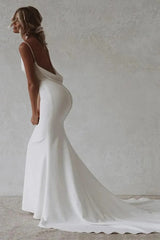 Simple Mermaid V-Neck Elastic White Satin Long Wedding Dress TD0016