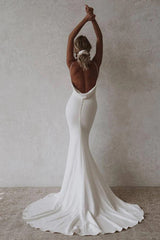 Simple Mermaid V-Neck Elastic White Satin Long Wedding Dress TD0016