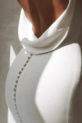 Simple Mermaid V-Neck Elastic White Satin Long Wedding Dress TD0016