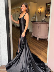 Simple Open Back Mermaid Black Long Prom Dresses with High Slit, Mermaid Black Formal Dresses, Black Evening Dresses