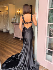 Simple Open Back Mermaid Black Long Prom Dresses with High Slit, Mermaid Black Formal Dresses, Black Evening Dresses